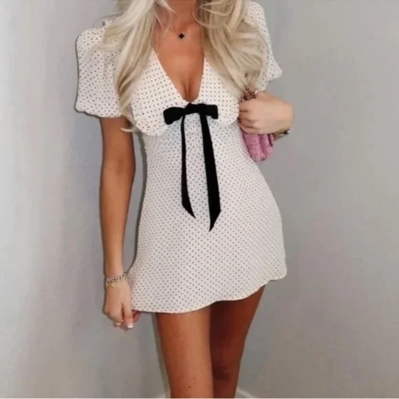 Reformation Kaylia Dress in Allegra bow tie neck polka dot minidress size 10 - Picture 4 of 12